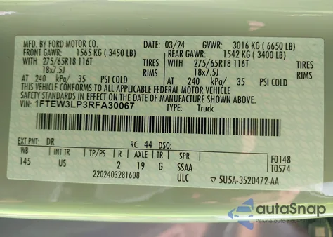 2024 Ford F-150 Xlt из США, поврежденный, VIN 1FTEW3LP3RFA30067